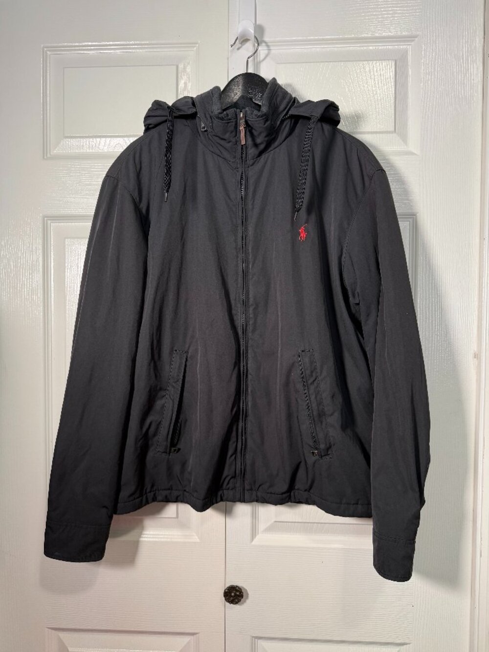 Polo Ralph Lauren Fleece Lined Hooded Windbreaker Jacket Black Red Pony L